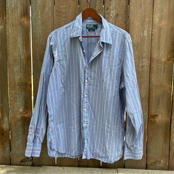 POLO RALPH LAUREN Men’s Blue Pink Stripe Button Down Long Sleeve Shirt 17.5 44 - Picture 1 of 12